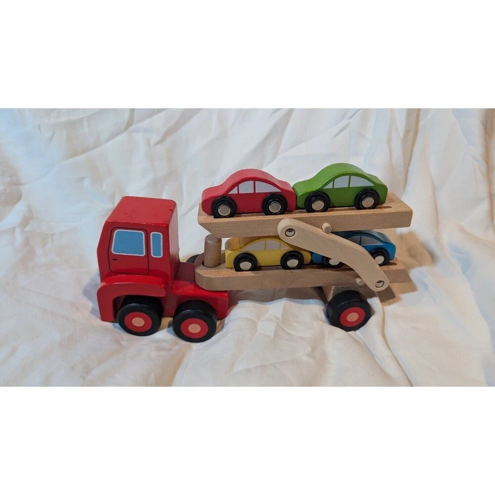 Carters Wooden Car Hauler Carrier Truck and Trailer w/4 Cars